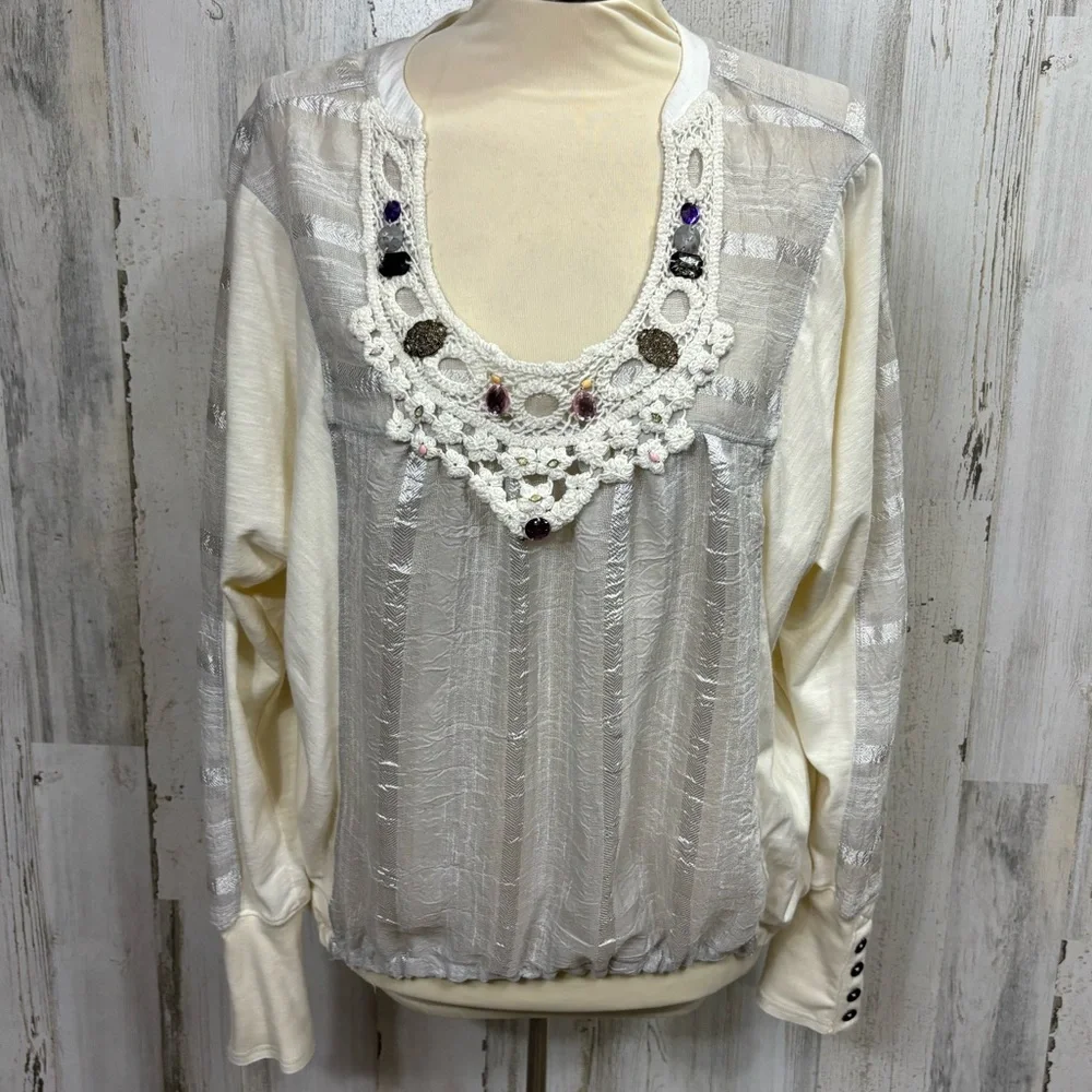 Free People Shadow Striped‎ Beaded Crochet Neck Boho Top